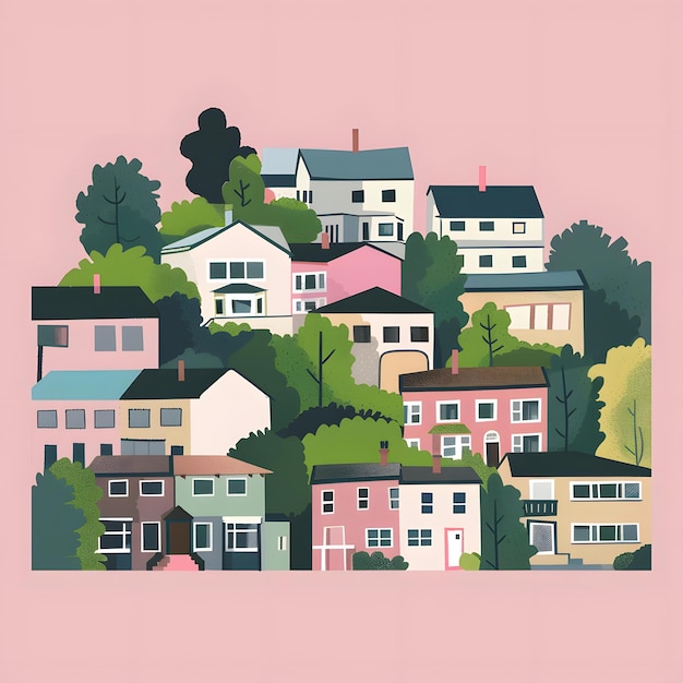 Photo colorful illustration of a small town with houses and trees