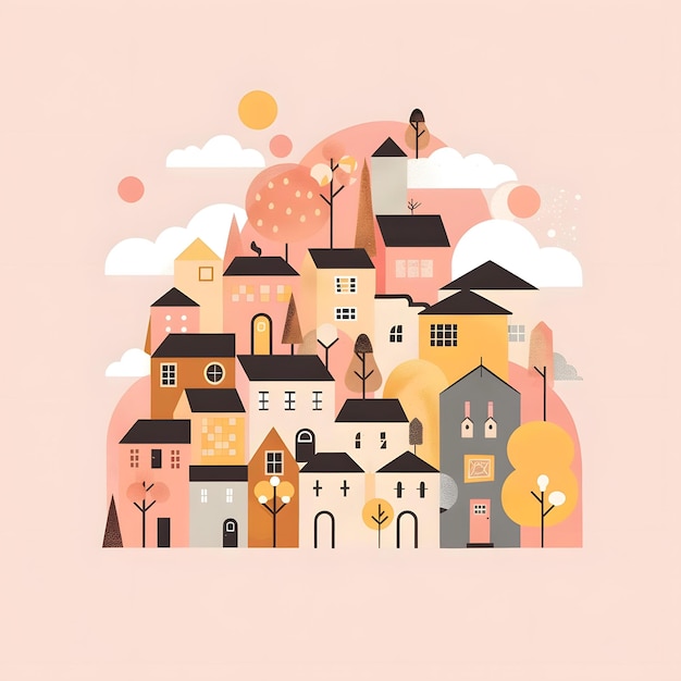 Photo colorful illustration of a small town with houses and trees