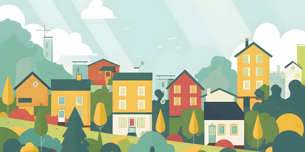 Photo colorful illustration of a small town with houses and trees