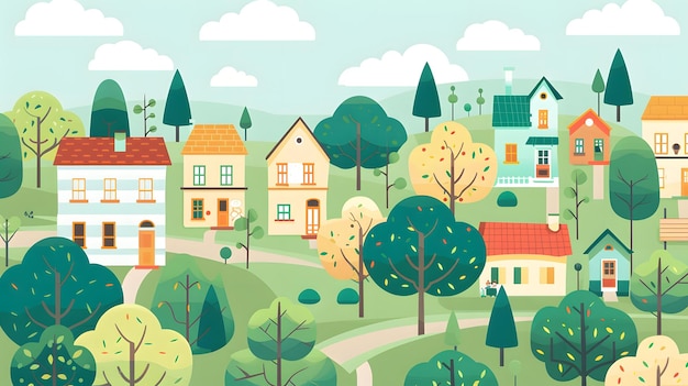 Photo colorful illustration of a small town with houses and trees