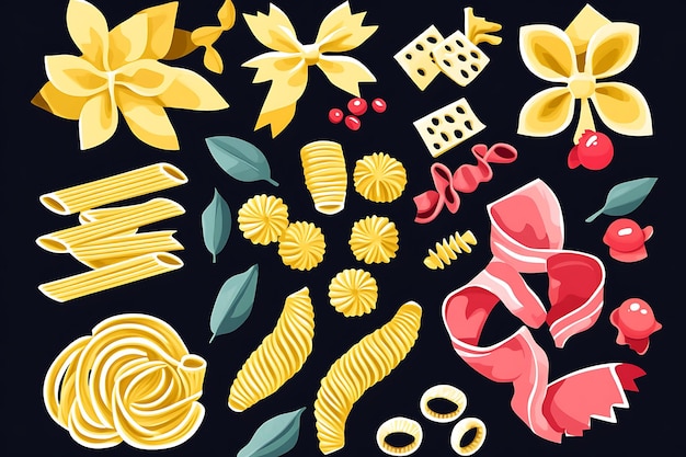 Photo colorful illustration of various pasta shapes with red cherries cheese and bay leaves