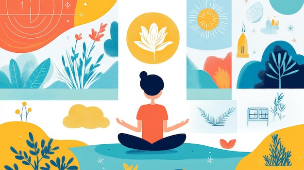 Foto un'infografica colorata che presenta i benefici della meditazione con illustrazioni di attività calmanti e statistiche sulla salute mentale