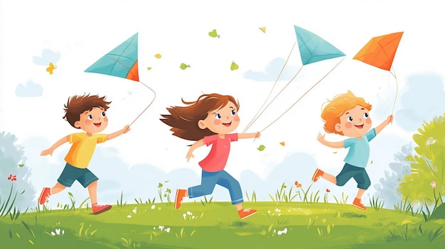 Colorful Kite Flying in a Meadow with Happy Children Illustration