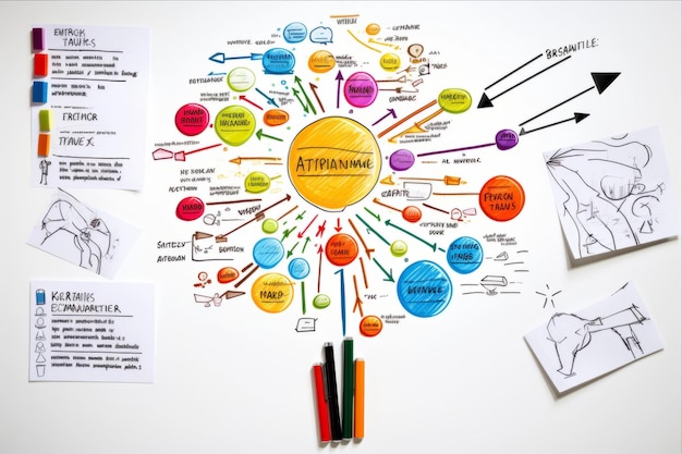 Photo colorful markers and sketches on white background with business strategy sketches top view