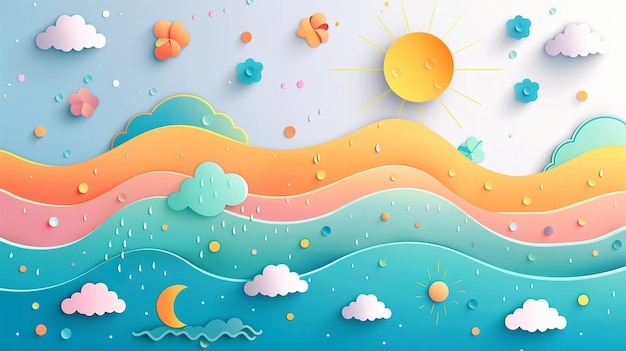 Photo colorful paper cutout landscape with sun clouds and raindrops in bright pastel tones