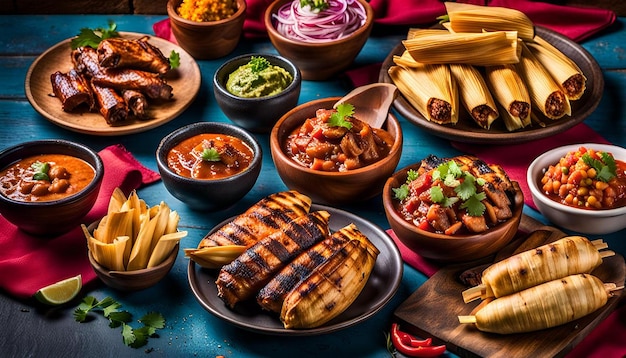 Photo colorful peruvian street food scene with grilled meats and tamales