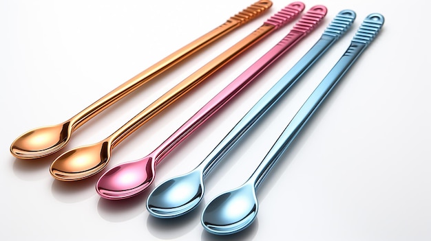 Colorful Reusable Stainless Metal Spoon Straws on Isolated Background