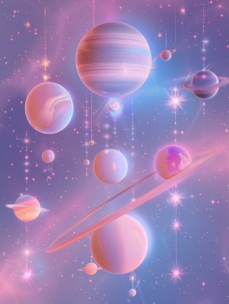 Photo a colorful space scene with planets and stars the planets are all different sizes and colors and t