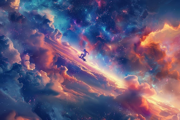 Colorful Space Scene with Skateboarding in the Cosmos