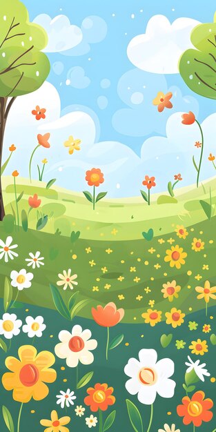 Photo colorful springtime meadow with blooming flowers and trees