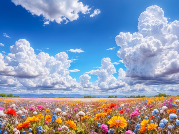 Photo colorful wildflower meadow with fluffy clouds