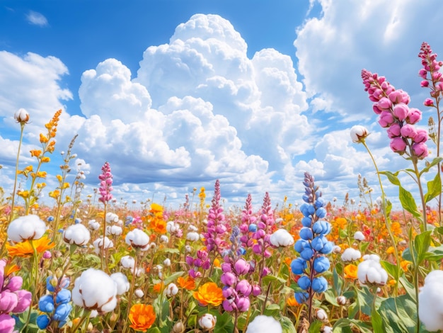 Photo colorful wildflowers and cotton bolls in a field