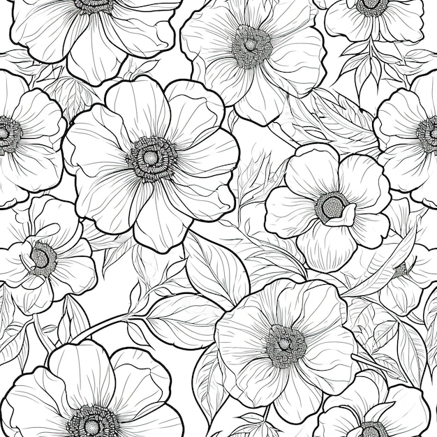 Coloring book flowers doodle style black outline