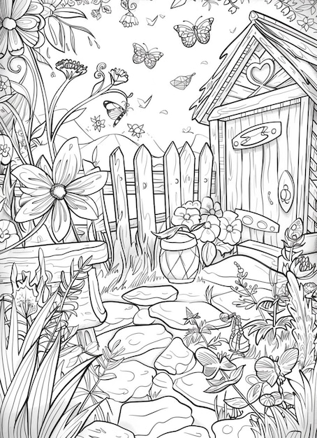 Photo a coloring page with a garden scene with a house and flowers generative ai