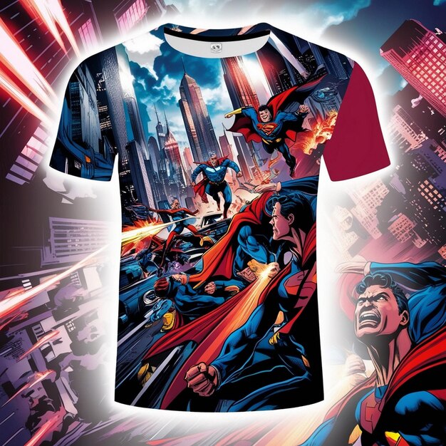 Foto comic book superhero tshirt design paesaggio cittadino pieno di azione