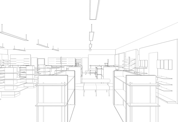 commercial premises shop interior visualization 3d illustration sketch outline