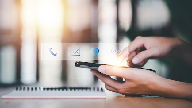 Photo communication concept with email message box and contacts icons connection with modern network technology contact us business communication without borders customer support hotline