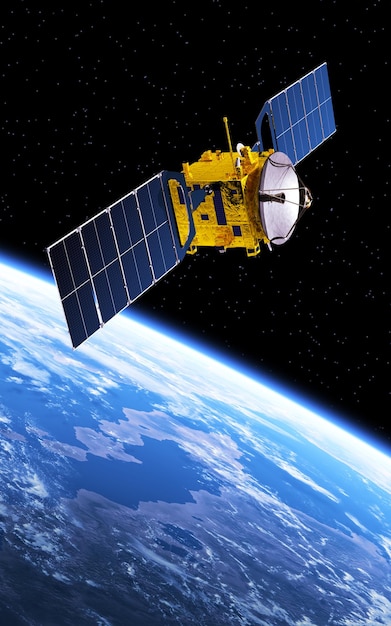 Photo communication satellite orbiting planet earth 3d illustration