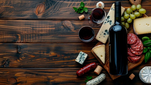 composition with bottle of wine and different types of wine on wooden backgro