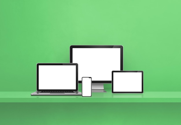 Computer, laptop, mobile phone and digital tablet pc - green wall shelf banner. 3D Illustration