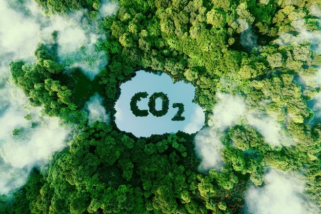 緑豊かな森にあるco2シンボルの形をした池の形で、二酸化炭素排出の問題とその自然への影響を描いたコンセプト。 3Dレンダリング。