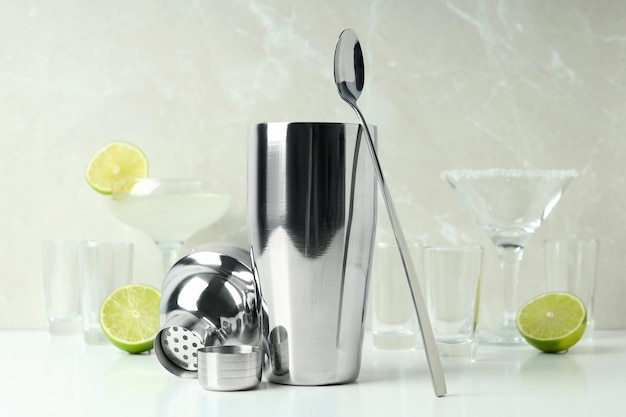 Photo concept of preparing alcohol drink or cocktail shaker