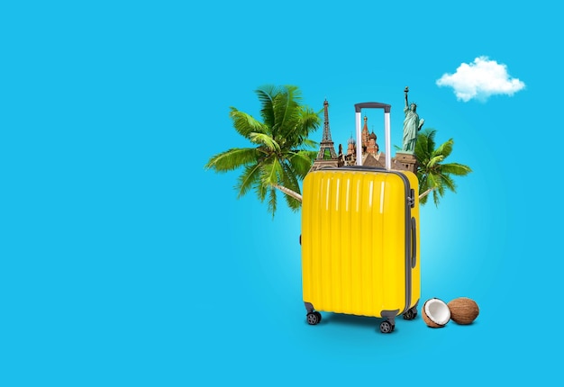 Concept travel A suitcase with world sights with palm trees on a blue background Holidays and vacations