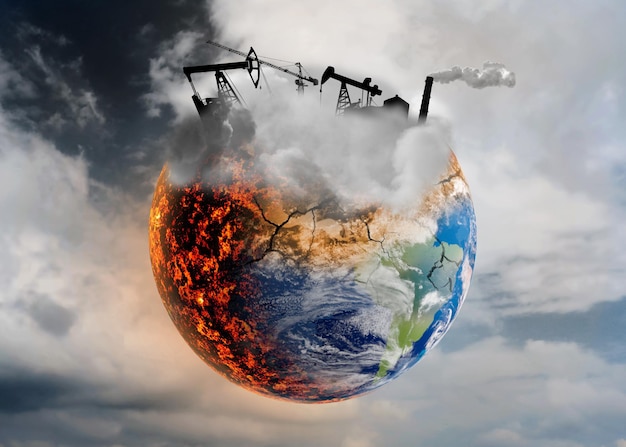 Photo conceptual photo depicting earth destroyed by global warming and industrial pollution