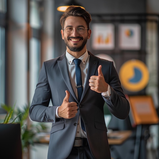 Confident Businessman in Navy Suit Giving Thumbs Up