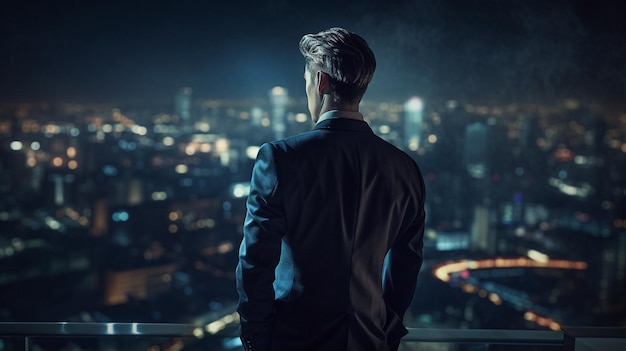 A confident businessman on rooftop balcony with the breathtaking night view Generative AI