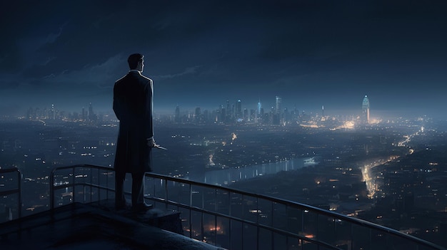 A confident businessman on rooftop balcony with the breathtaking night view Generative AI