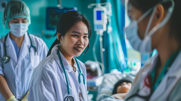 Photo confident female doctor wearing a lab coat and stethoscope around her neck standing in a hospital room with a patient in the background