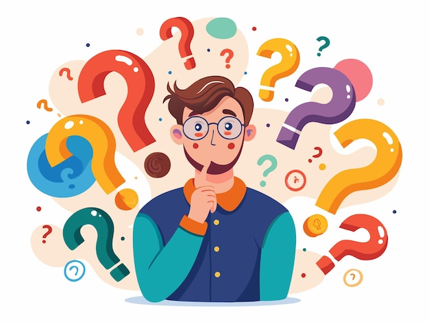 Photo confused man surrounded by colorful question marks on a white background vector art