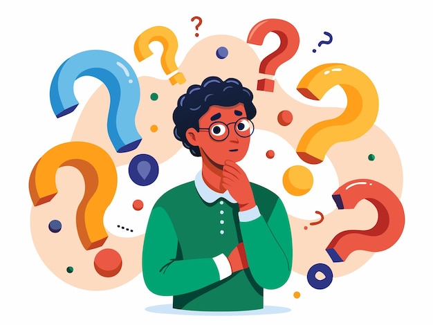 Photo confused man surrounded by colorful question marks on a white background vector art