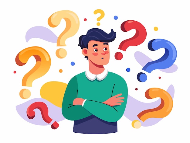 Photo confused man surrounded by colorful question marks on a white background vector art