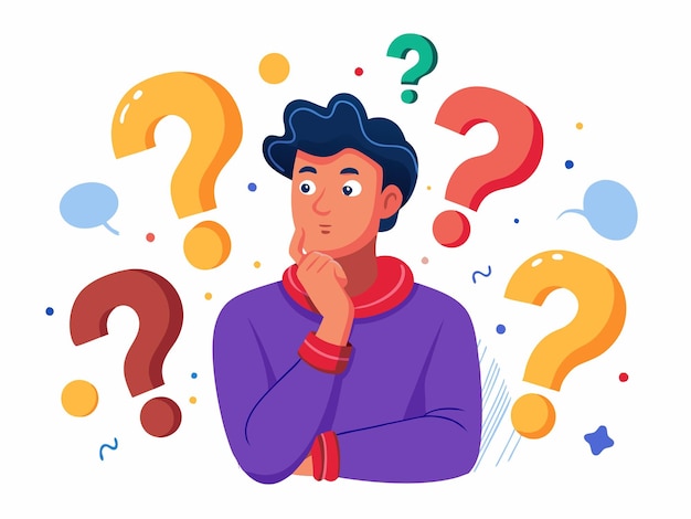 Photo confused man surrounded by colorful question marks on a white background vector art