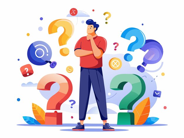 Photo confused man surrounded by colorful question marks on a white background vector art