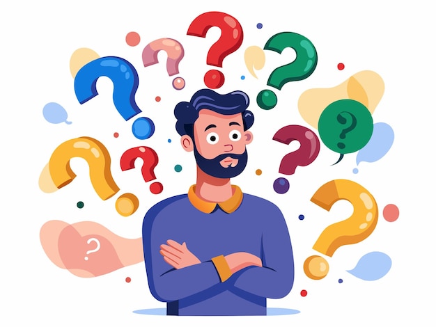 Photo confused man surrounded by colorful question marks on a white background vector art