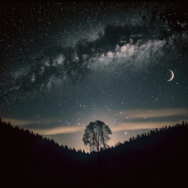 Constellation stars and milky way and crescent moon on sky created using generative ai technology