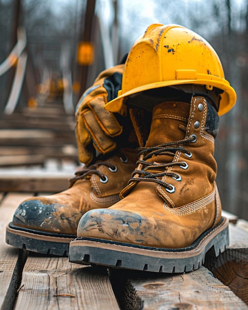 Photo construction helmet and boots