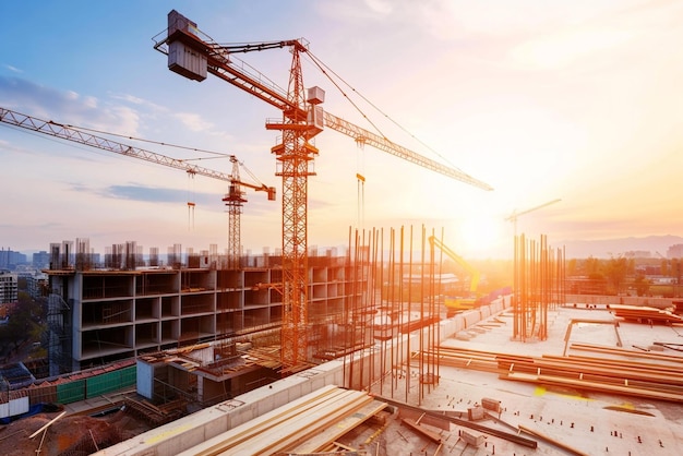 construction of a new building with cranes and a construction crane in the background