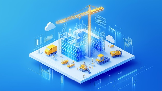 Photo construction site illustration with heavy machinery and crane against a blue background featuring data visualization elements