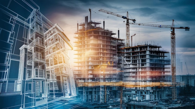 a construction site with a building under construction and a crane in the background