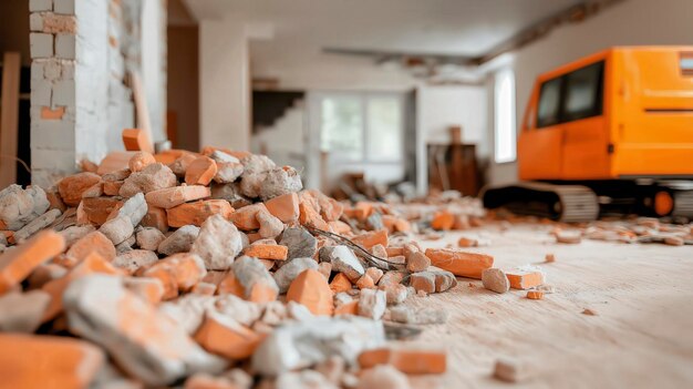 A construction site with debris and machinery indicating ongoing renovation work