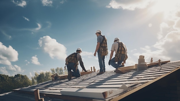 construction workers fixing roof against clouds blue sky