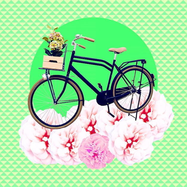 Contemporary art collage. Bike and flowers. Summer bloom mood