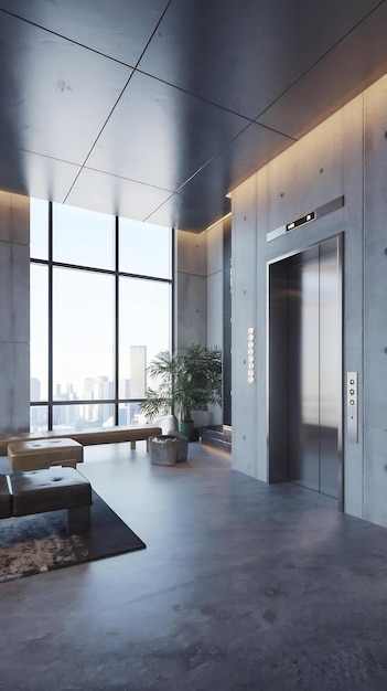 Photo contemporary concrete interior with elevators lift lobby and start up concept 3d rendering