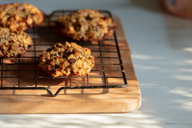 Cookies on a wire rack in the kitchen