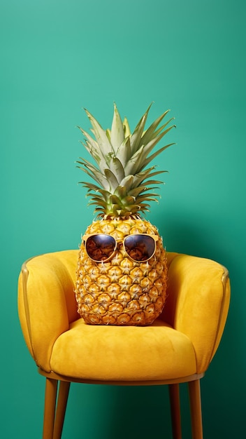 Cool pineapple wearing sunglasses sitting on yellow sofa on a sunny turquoise background Created with Generative AI technology