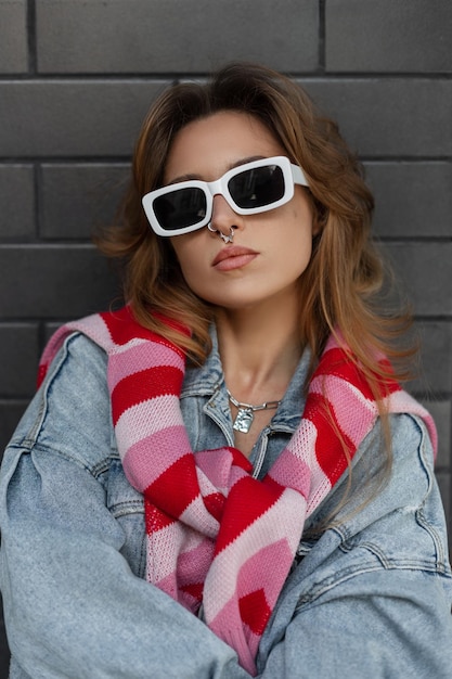 Cool urban beautiful young hipster woman model with red hair and fashion white sunglasses wearing fancy jeans with a jacket and pink sweatshirt standing near a black brick wall Female casual style